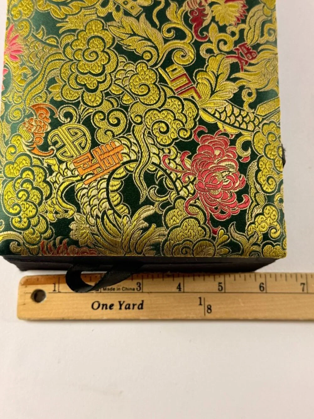 Vintage Asian Silk Top Jewelry Box Gold Floral & Dragon Design Red Velvet Lined
